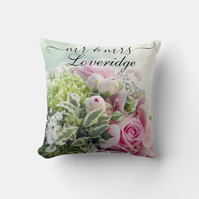 Romantic Mr. & Mrs. Pink Rose Floral Wedding Cushion (Front)