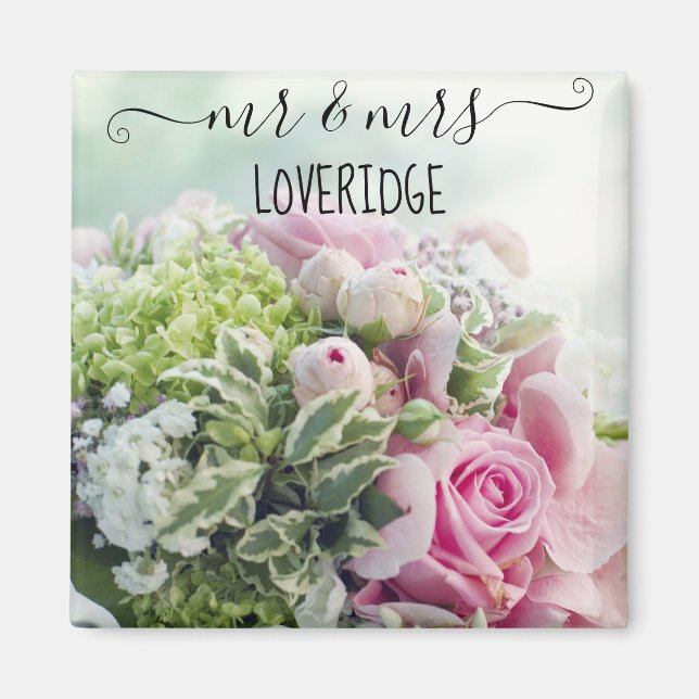 Romantic Mr. & Mrs. Pink Rose Floral Wedding Magnet (Front)