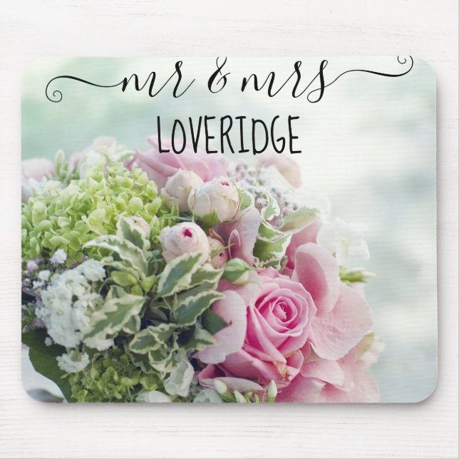 Romantic Mr. & Mrs. Pink Rose Floral Wedding Mouse Pad (Front)