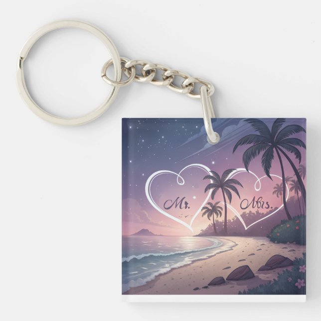 Romantic Mr. & Mrs. Sunset Beach Illustration – Tr Key Ring (Front)