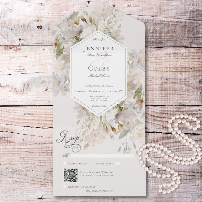 Romantic Muted White & Pink Floral QR Code All In One Invitation (Romantic Muted White & Pink Floral QR Code All In One Invitation)