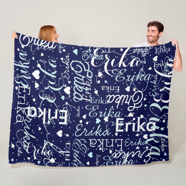Romantic Names and Cute Hearts repeated on blue Fleece Blanket (In Situ)