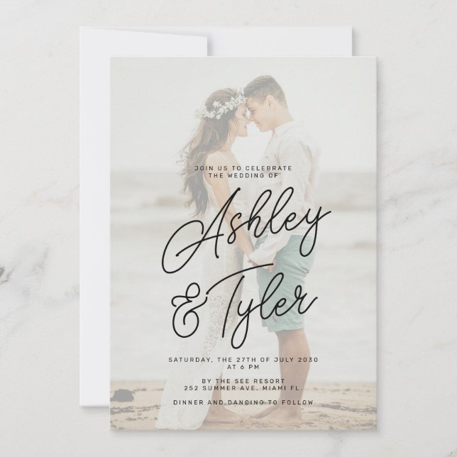 Romantic names script overlay photo wedding invitation (Front)
