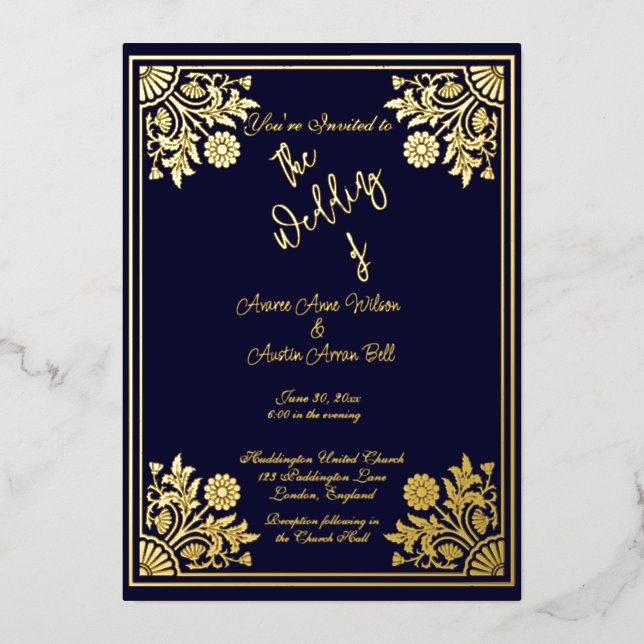 Romantic Navy and Gold Foil Frame and Text Wedding (Front)