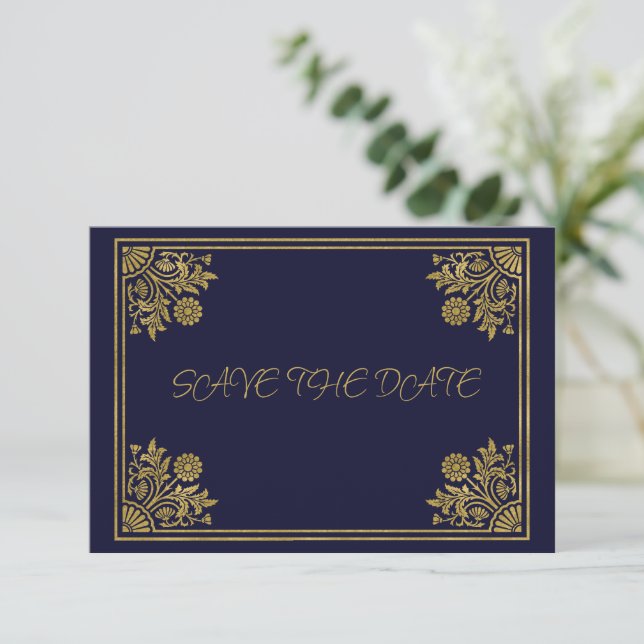Romantic Navy and Gold Frame  RSVP Card (Standing Front)