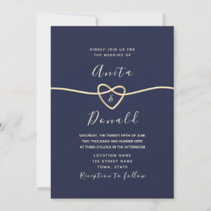 Romantic Navy and Gold Rope Heart Wedding Invitation