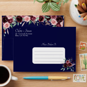 Romantic Navy Blue and Burgundy Blush Wedding Envelope
