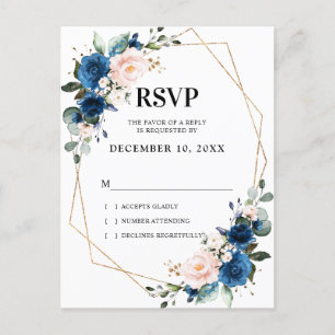 Romantic Navy Blue Blush Botanical Geometric RSVP Postcard