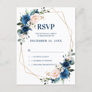 Romantic Navy Blue Blush Botanical Geometric RSVP Postcard