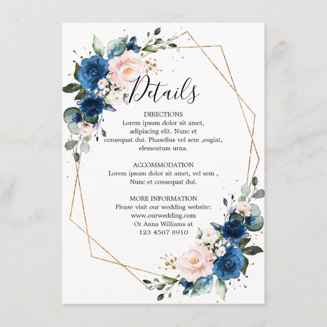Romantic Navy Blue Blush Floral Geometric Wedding Enclosure Card (Front)