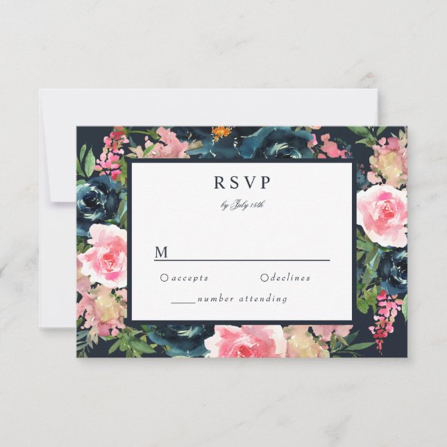 Romantic Navy Blue Blush Pink Floral RSVP Card (Front)