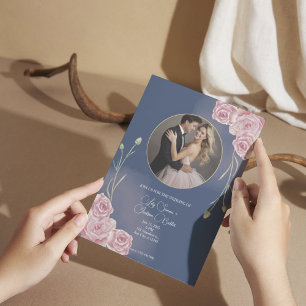 Romantic Navy Blue & Blush Pink Wedding Invitation