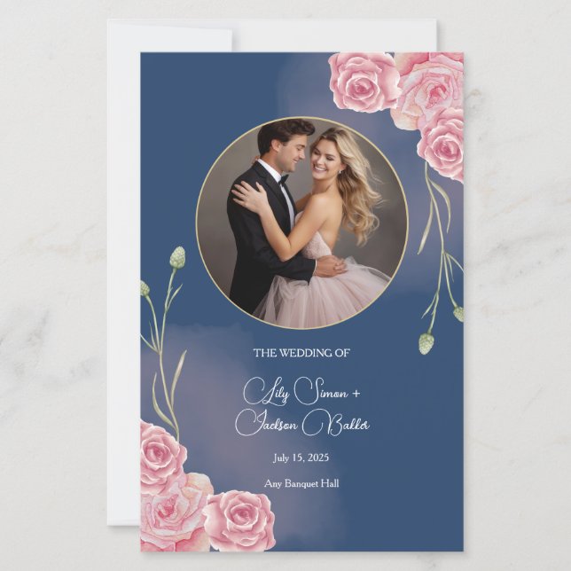 Romantic Navy Blue & Blush Pink Wedding Program (Front)