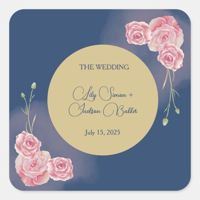 Romantic Navy Blue & Blush Pink Wedding Square Sticker (Front)