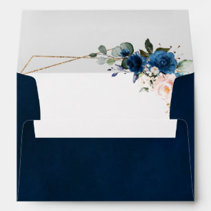 Romantic Navy Blue Blush Rose Floral Geometric Envelope
