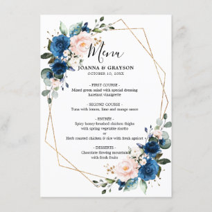 Romantic Navy Blue Blush Rose Floral Geometric Menu