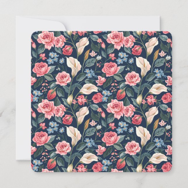 Romantic Navy Blue Floral Garden Pattern Holiday Card (Front)