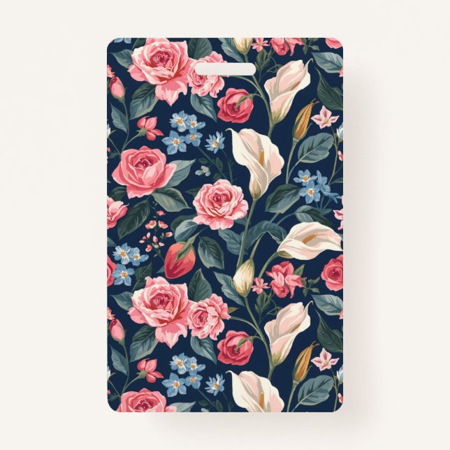 Romantic Navy Blue Floral Garden Pattern ID Badge (Front)