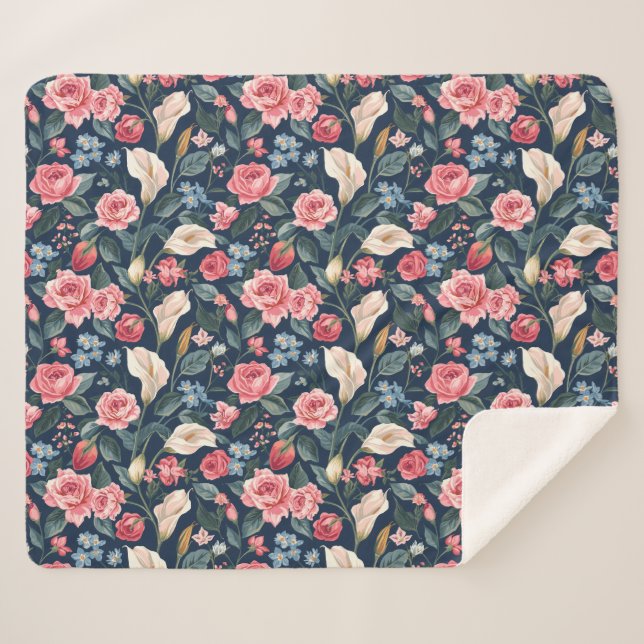 Romantic Navy Blue Floral Garden Pattern Sherpa Blanket (Front (Horizontal))