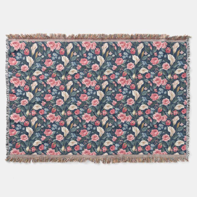 Romantic Navy Blue Floral Garden Pattern Throw Blanket (Front)