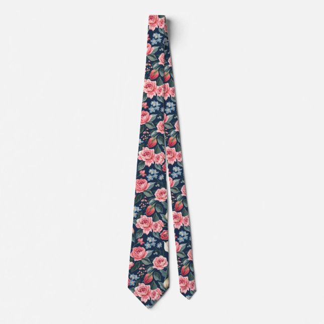 Romantic Navy Blue Floral Garden Pattern Tie (Front)
