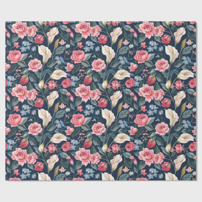 Romantic Navy Blue Floral Garden Pattern Wrapping Paper (Flat)