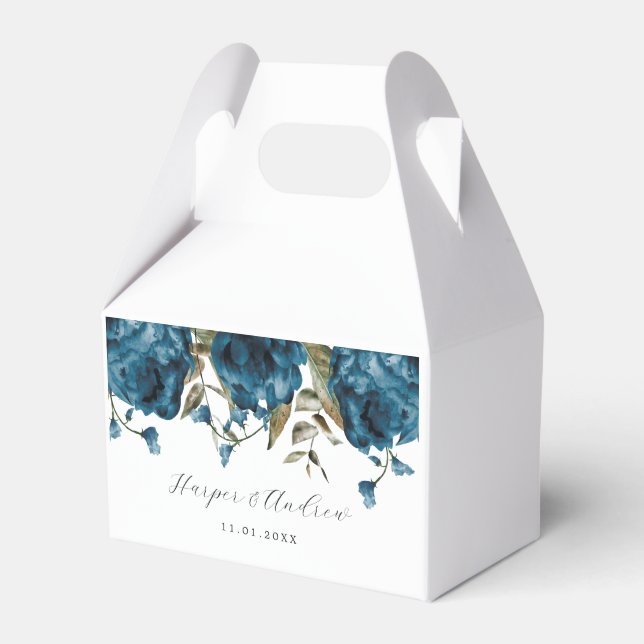 Romantic Navy Blue Floral Wedding Favour Box (Front Side)