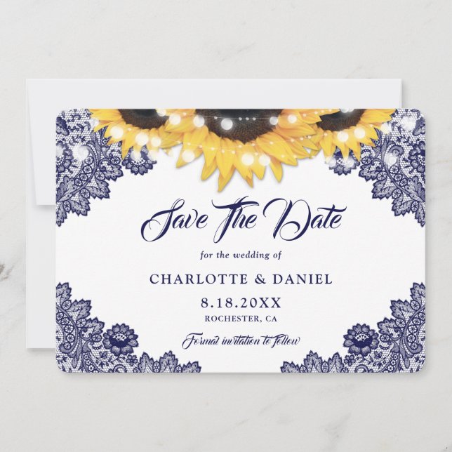 Romantic Navy Blue Sunflower Wedding Save The Date (Front)