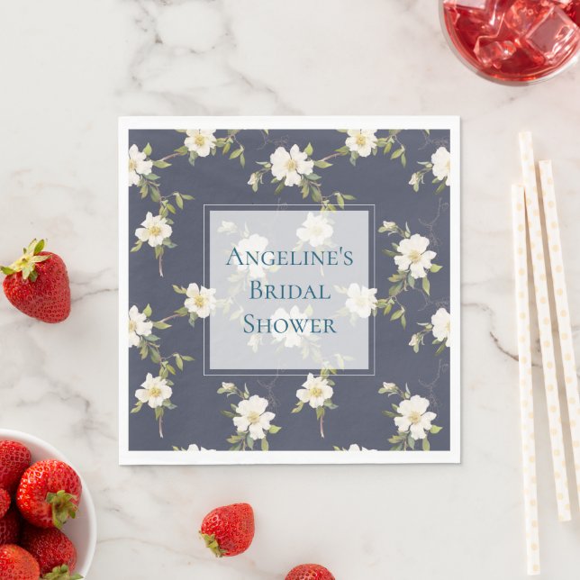 Romantic Navy Blue White Floral Bridal Shower Napkin (Insitu)