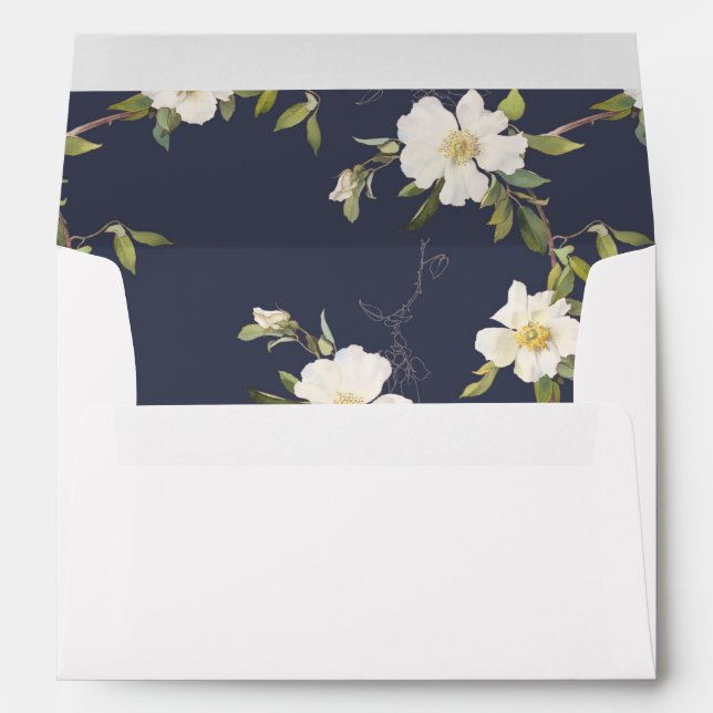 Romantic Navy Blue White Floral Wedding Envelope (Back (Bottom))