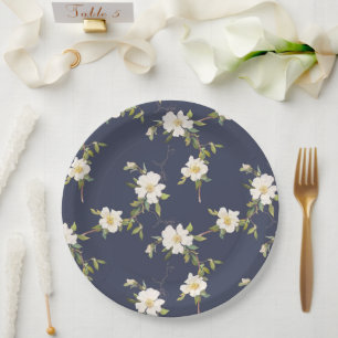 Romantic Navy Blue White Floral Wedding Paper Plate