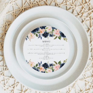 Romantic Navy Blush Floral Circle Dinner Menu Card