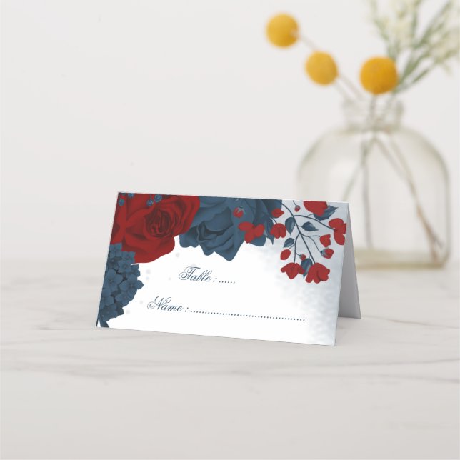 Romantic Navy & burgundy flowers Place Card (Front)