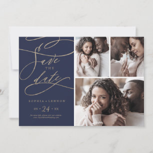 Romantic Navy Calligraphy 3 Photo Collage Save The Date