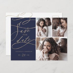 Romantic Navy Calligraphy 3 Photo Save the Date Invitation Postcard