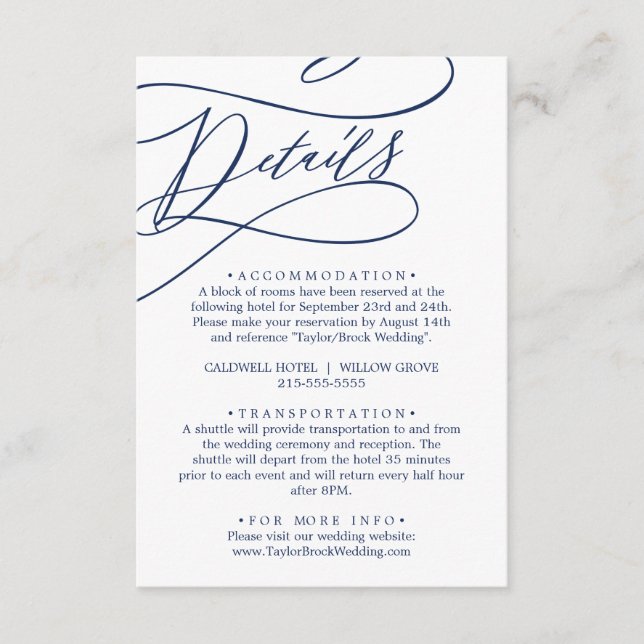 Romantic Navy Calligraphy Details Enclosure Card (Front)