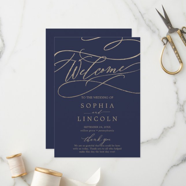 Romantic Navy Calligraphy Flat Wedding Program (Front/Back In Situ)
