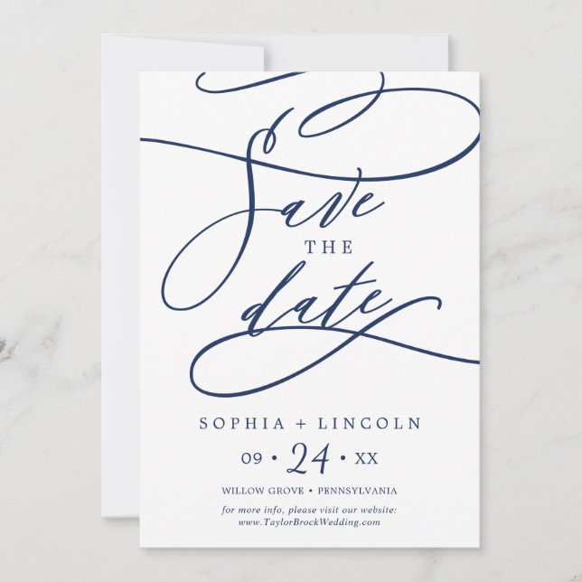 Romantic Navy Calligraphy | Flourish Save The Date (Front)