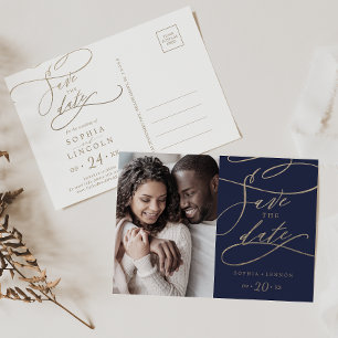 Romantic Navy Calligraphy Photo Save the Date Invitation Postcard