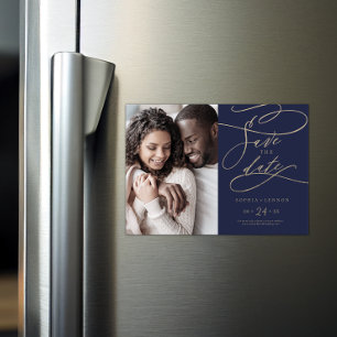 Romantic Navy Calligraphy Photo Save the Date Magnetic Invitation