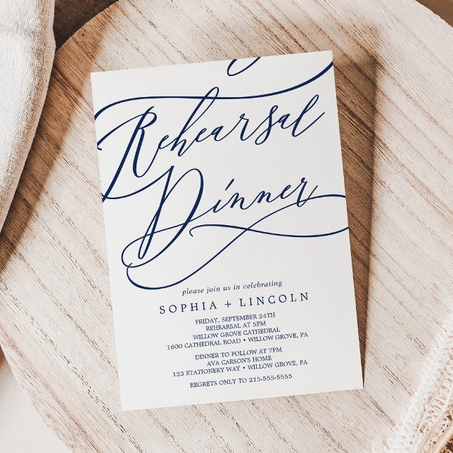 Romantic Navy Calligraphy Rehearsal Dinner Invitation (Creator Uploaded)