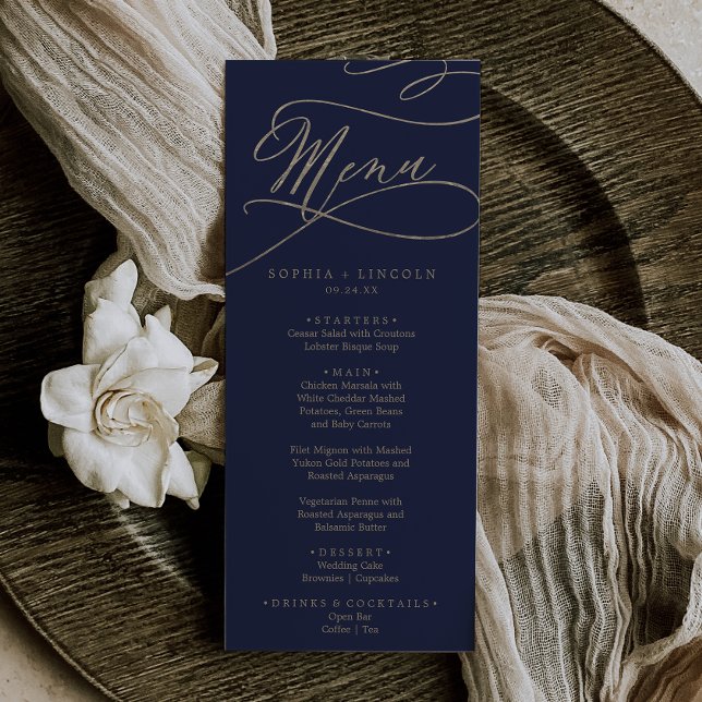 Romantic Navy Calligraphy Wedding Dinner Menu (Creator Uploaded)