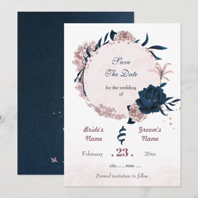 Romantic Navy & dusty rose flowers Save The Date (Front/Back)