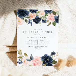 Romantic Navy Floral Wedding Rehearsal Dinner Invitation