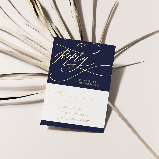 Romantic Navy Gold Foil Wedding Simple RSVP Card (Romantic Navy Gold Foil Wedding Simple RSVP Card)