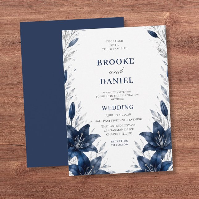 Romantic Navy Lily Silver Botanical Wedding Invitation (Creator Uploaded)