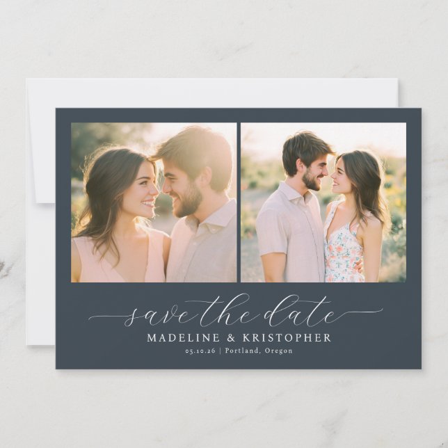 Romantic Navy Minimalist Photo Collage Save The Date (Front)