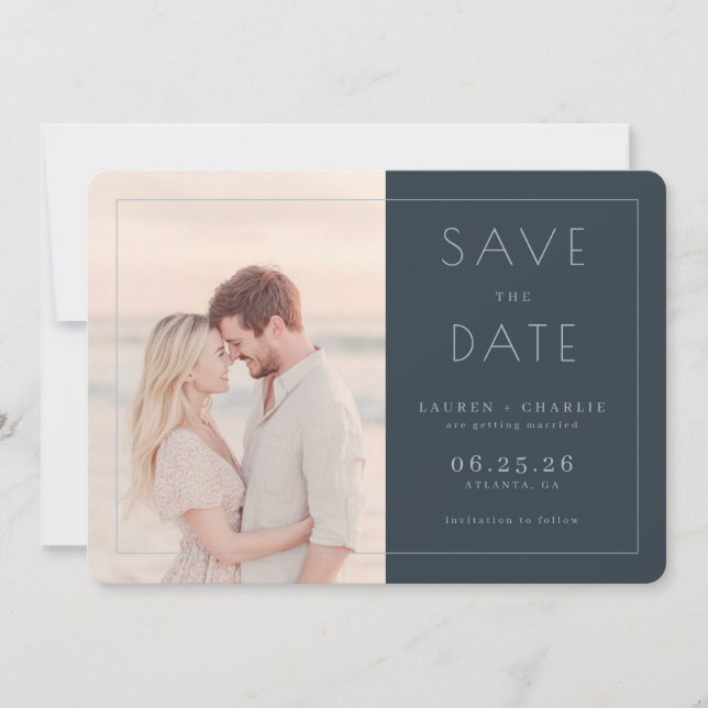 Romantic Navy Minimalist Photo Save The Date (Front)