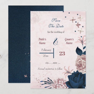 Romantic Navy & pink flowers Save The Date