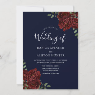 Romantic Navy & Red Rose Wedding Invite